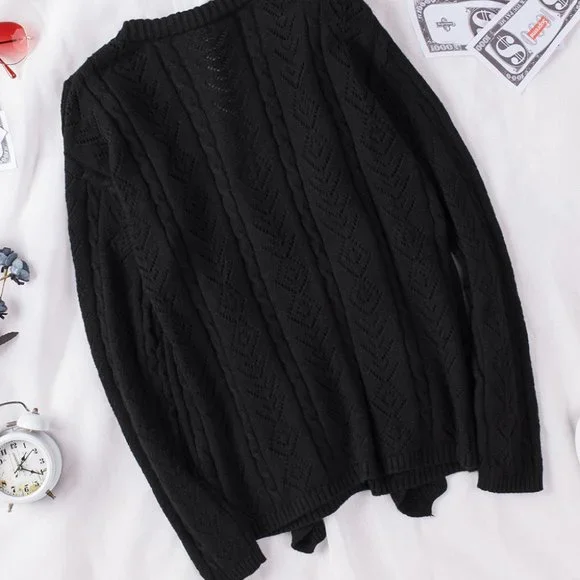 Black Ruffled Buttoned Open Front Knitted Sweater - Picture 8 of 16